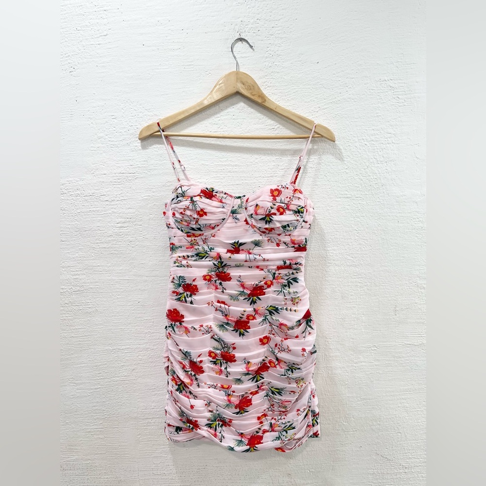 Sau Lee Cherry Floral Ruched Chiffon Minidress Pale Pink - Picture 2 of 5